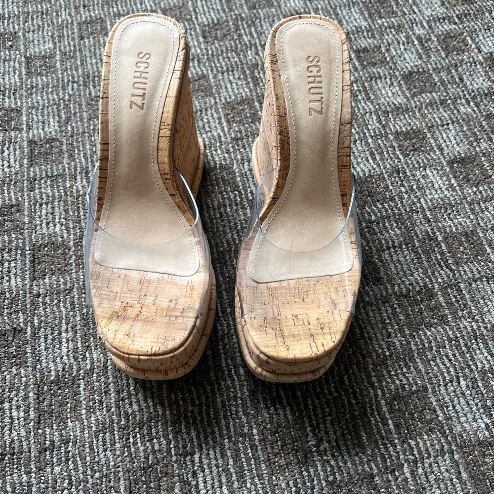 Schutz Tan Cork Wedge Sandals
